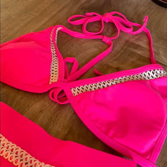 New! Pink & White High-Waist Triangle Bikini Set - Picture 5 of 6